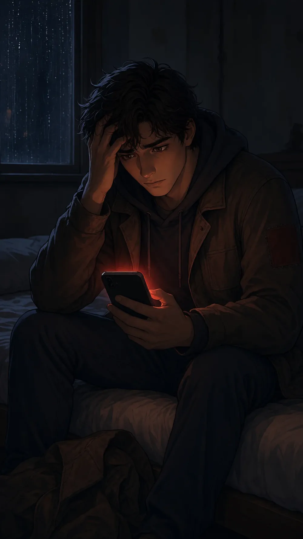 A young man at 2 a.m., lit by his phone, head in his hand after losing money