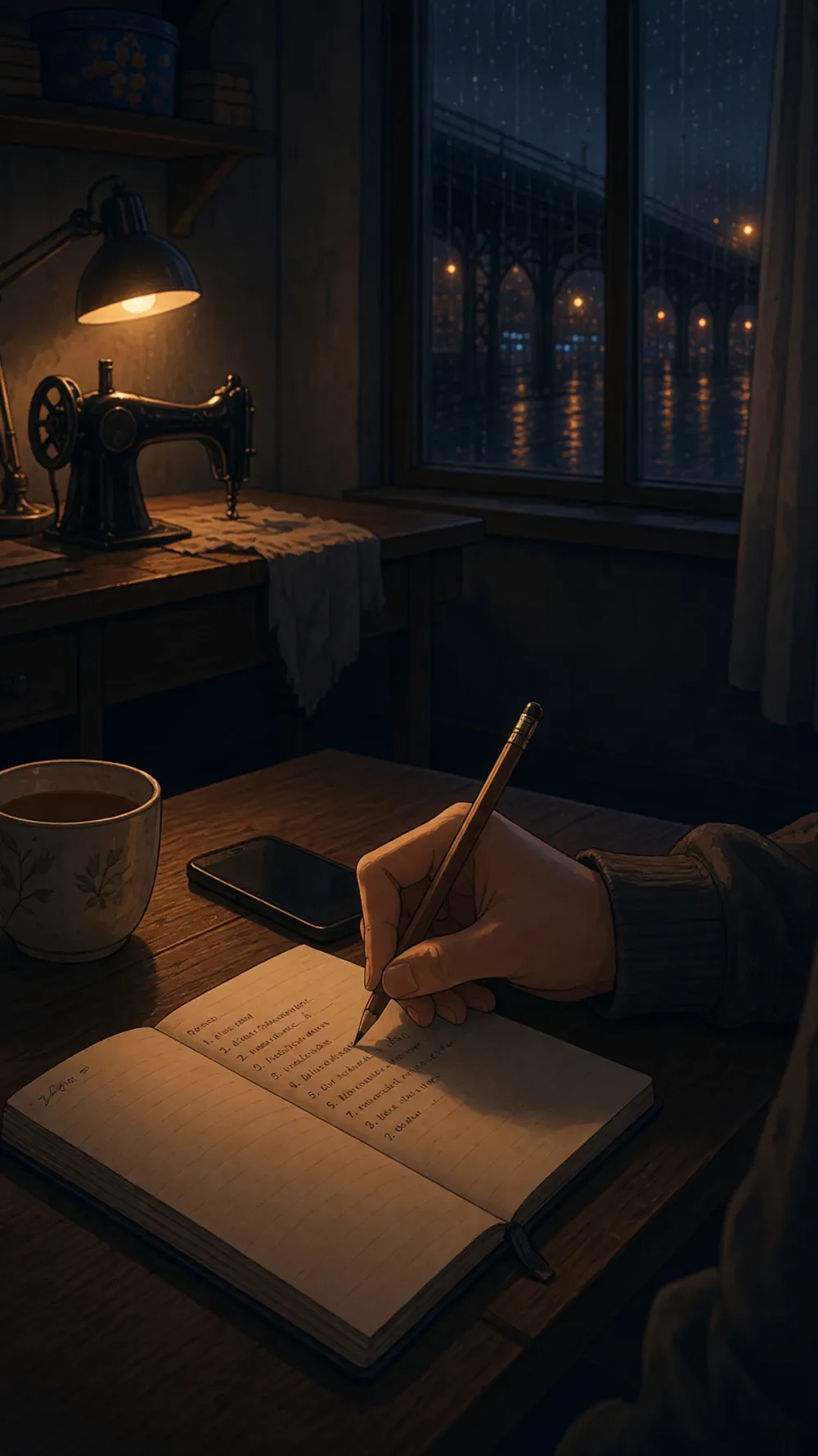 A hand writing a short list of rules in a notebook under a lamp