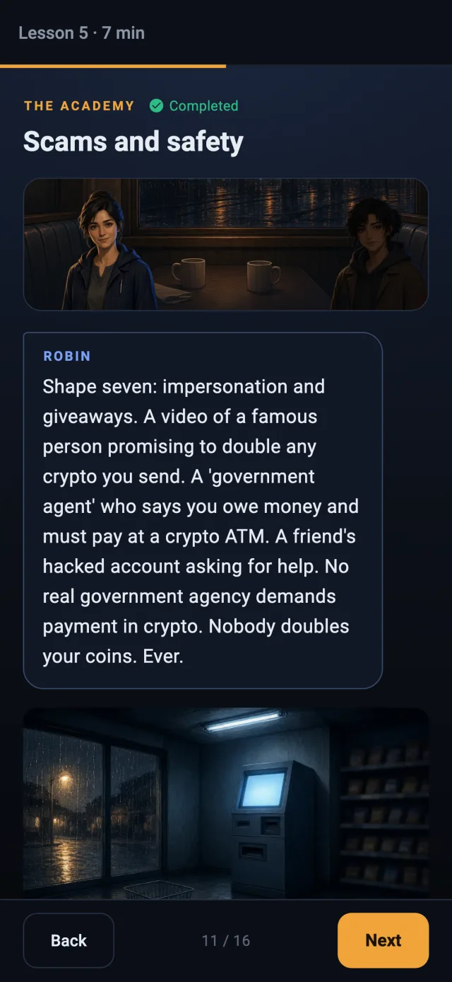 A lesson page about crypto scams, with a painting of a crypto ATM