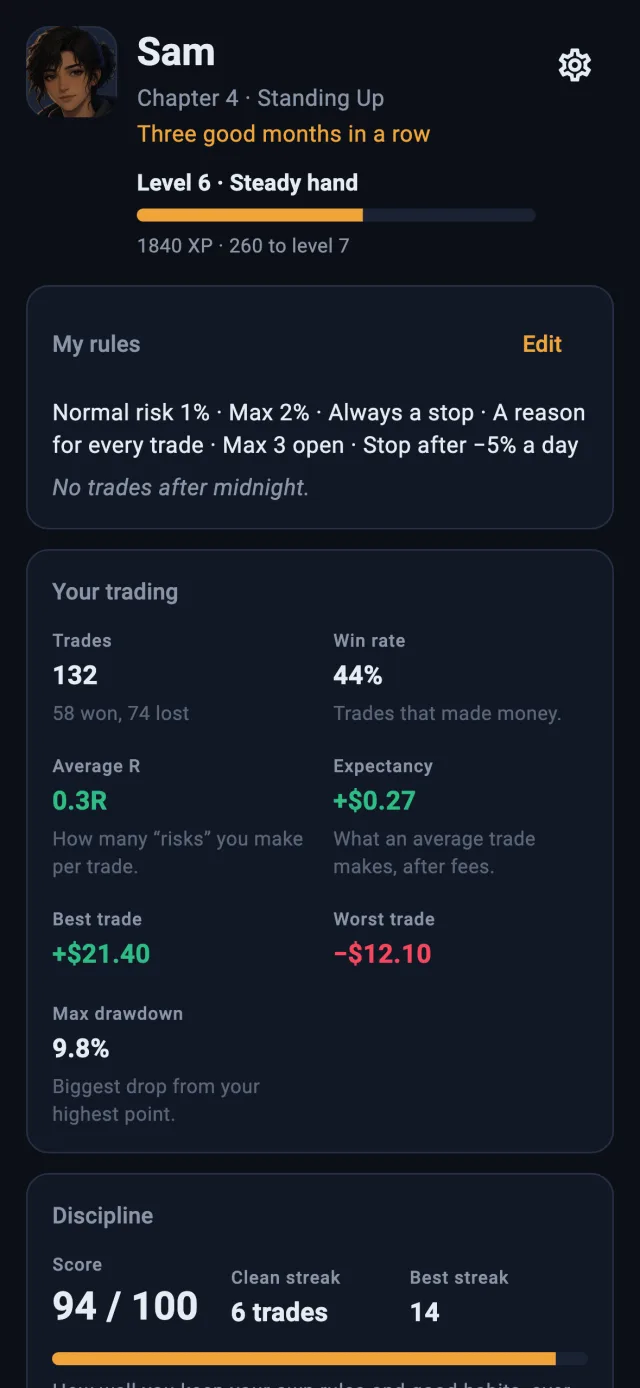 Your rules, your trading stats and a discipline score of 94 out of 100