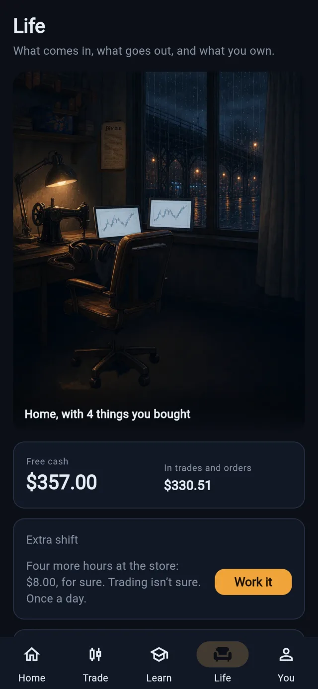Your room: a laptop and a second monitor glowing on the sewing table, a chair pulled up, rain on the window